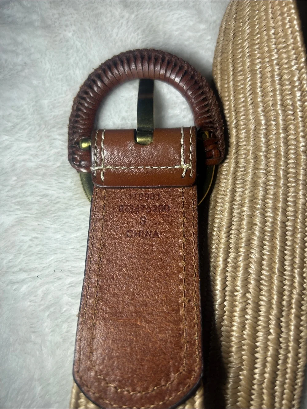 Fossil Women’s  Beige Woven Elastic Belt with Brown Leather Trim